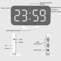Ceas digital cu LED, Flippy, multifunctional, afisaj digital, alarma, 2 porturi USB de iesire, ecran tip oglinda, modern, 15.8 cm, alb