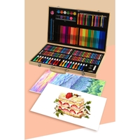 Set 180 Piese pentru Desen si Pictura, Flippy, Tip Servieta din Lemn, Model Natur, 46 x 30.9 x 4.1 cm, Multicolor