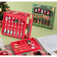 Set 6 Tacamuri, Flippy, Tema Craciun, 3 Linguri + 3 Furculite, cu Figurine, din Otel Inoxidabil, Cutie Cadou, 19 x 22 x 2.2 cm, Argintiu