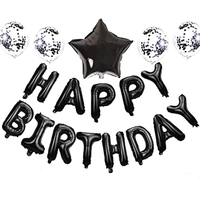 Set 25 de Baloane din Folie Metalizata si Latex, Flippy, Figurine 2 Stele, 4 Baloane Confetti, 13 Litere, 6 Latex, Model Happy Birthday, Tema Aniversare, 40 cm, Ambalaj Individual, Pai Inclus, Umflare cu Aer sau Heliu, Negru