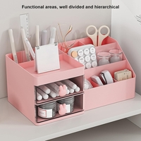 Cutie de Depozitare pentru Birou, Flippy, Pentru Makeup, Papetarie, Organizator Cosmetice, 2 Sertare si Compartimente Multiple, Model Iepuras, Plastic, 27.5x15.5x12 cm, Roz