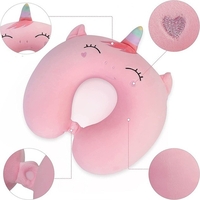 Perna de Calatorie in Forma de U, Flippy, Pentru Gat si Cap, Umplutura din Spuma cu Memorie, 30x30 cm, Model Unicorn, Accesoriu de Voiaj, Birou, Masina, Sistem Prindere Capse, Roz
