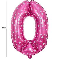 Balon din Folie Metalizata Flippy, Figurina Cifra, Imprimeu Inimi, Tema Aniversare 80 cm, Ambalaj Individual, Pai inclus, Umflare cu Aer sau Heliu, Roz, Cifra 0
