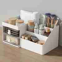 Cutie de Depozitare pentru Birou, Flippy, Pentru Makeup, Papetarie, Organizator Cosmetice, 2 Sertare si Compartimente Multiple, Model Iepuras, Plastic, 27.5x15.5x12 cm, Alb