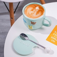 Cana ceramica, Flippy, din Portelan, print Figurine Animalute, Cana penru Copii, Model CUTE, Cana cu Lingura si Capac, Ceasca pentru Cafea, Ceai, 400ml Albastru