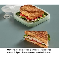 Caserola pentru sandwich Flippy, din silicon si polipropilena, portabil, usor de curatat, capac anti-scurgere, reutilizabil, 15.5 x 15.5 x 2.5 cm, verde