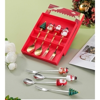 Set 6 Tacamuri, Flippy, Tema Craciun, 3 Linguri + 3 Furculite, cu Figurine, din Otel Inoxidabil, Cutie Cadou, 19 x 22 x 2.2 cm, Argintiu