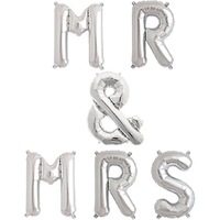 Set Baloane din Folie Metalizata, Flippy, Figurine Litere, Model MR&MRS, Tema Nunta, 40 cm, Baloane Party, Ambalaj Individual, Pai inclus, Umflare cu Aer sau Heliu, Argintiu
