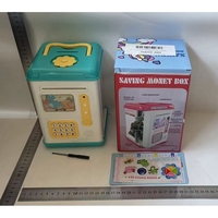 Set Pusculita pentru Copii, Flippy, Tip ATM, Parola cu Amprenta, 13.5 x 11.5 x 20 cm, Albastru