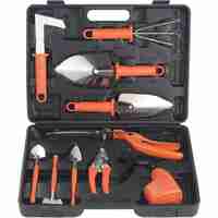 Set 10 Unelte de Gradina, Flippy, pentru Plantare Prelucrare Sol si Ingrijire Plante, Manere Portocalii, Material PVC si Otel Inoxidabil, Cutie Inclusa, 37x28x7 cm, Negru