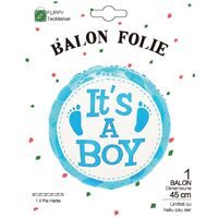 Balon din Folie Metalizata, Flippy, Figurina Rotunda, Model It's a Boy, Tema Gender Reveal, 45 cm, Ambalaj Individual, Pai Inclus, Umflare cu Aer sau Heliu, Albastru