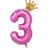 Balon din Folie Metalizata Flippy, Figurina Cifra si Coroana, Tema Aniversare 100 cm, Ambalaj Individual, Pai inclus, Umflare cu Aer sau Heliu, Roz, Cifra 3
