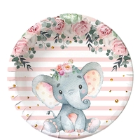 Set 10 Farfurii Unica Folosinta, Flippy, Imprimeu Elefant, din Carton, 22 cm, Roz