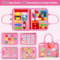 Carte Senzoriala Educativa Montessori 7in1, Flippy, 26 de Activitati, Dezvoltare Abilitati Motorii, 4 Pagini, Model Dinozauri, 28x22x7 cm, Roz