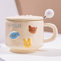 Cana ceramica, Flippy, din Portelan, print Figurine Animalute, Cana penru Copii, Model CUTE, Cana cu Lingura si Capac, Ceasca pentru Cafea, Ceai, 400ml Galben