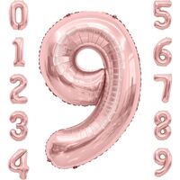 Balon din Folie Metalizata Flippy, Figurina Cifra, Tema Aniversare 80 cm, Ambalaj Individual, Pai inclus, Umflare cu Aer sau Heliu, Rose Gold, Cifra 9