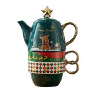Set de Ceai, Flippy, Tema Craciun, Ceainic 450 ml, 2 x Cani 250 ml, din Ceramica, Model Ren, Verde/Turcoaz