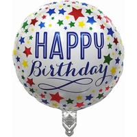 Balon din Folie Metalizata, Flippy, Mini Figurina Rotunda, Model Happy Birthday, Tema Aniversare, 45 cm, Ambalaj Individual, Pai inclus, Umflare cu Aer sau Heliu, Multicolor