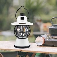 Lampă de camping retro portabilă, Felinar Vintage LED ABS, Acumulator inclus 1200 mAh, reincarcabila, 20 cm inaltime, 3 moduri de iluminare, intensitate reglabila,Lampa portabila pentru cort în aer liber, Alb