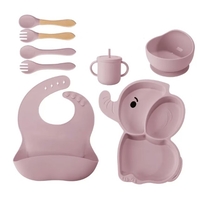 Set 10 Piese Servire Masa. Flippy, pentru Bebelusi si Copii, din Silicon/Lemn, cu Ventuze Anti-alunecare, fara Alergeni. +6 Luni, Model Elefant, Mov