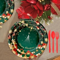 Set 119 Piese, Flippy, pentru Masa de Craciun, Farfurii 18 cm, Farfurii 23 cm, Pahare, Servetele, Tacamuri, Fata de Masa, Ghirlanda, Paie, Rosu/Verde