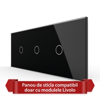 Panou Intrerupator Simplu + Simplu + Simplu cu Touch LIVOLO din Sticla, Standard Italian - 6/7M, negru
