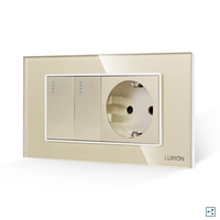 Intrerupator Dublu Cap Scara + Priza cu Rama din Sticla LUXION, Standard Italian, 4M, auriu