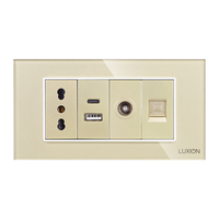 Priza Ingusta + Dubla USB + TV + Internet cu Rama Din Sticla LUXION, Standard Italian, 4M, auriu