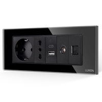 Priza Schuko + Ingusta + Dubla USB + TV + Internet cu Rama Din Sticla LUXION, Standard Italian, 6M, negru