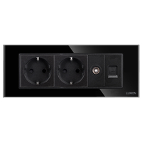 Priza Dubla Schuko + TV + Internet cu Rama din Sticla LUXION, Standard Italian, 6M, negru