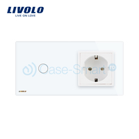 Intrerupator simplu cap scara / cap cruce + priza simpla Livolo rama din sticla, alb