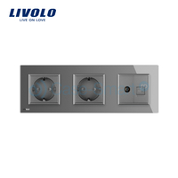 Priza tripla Livolo cu rama din sticla 2 prize simple+TV/internet, gri