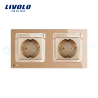 Priza dubla Livolo cu rama din sticla si capac de protectie rezistent la apa, auriu