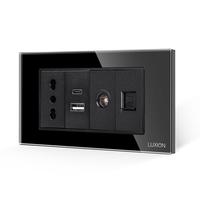 Priza Ingusta + Dubla USB + TV + Internet cu Rama Din Sticla LUXION, Standard Italian, 4M, negru