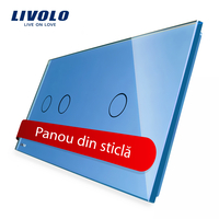 Panou intrerupator dublu + simplu cu touch Livolo din sticla, albastru