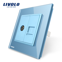 Priza dubla TV + Telefon Livolo cu rama din sticla, albastru