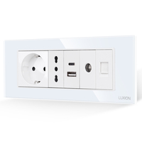 Priza Schuko + Ingusta + Dubla USB + TV + Internet cu Rama Din Sticla LUXION, Standard Italian, 6M, alb