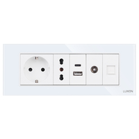 Priza Schuko + Ingusta + Dubla USB + TV + Internet cu Rama Din Sticla LUXION, Standard Italian, 6M, alb