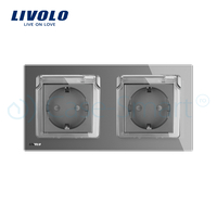 Priza dubla Livolo cu rama din sticla si capac de protectie rezistent la apa, gri