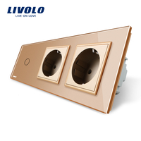 Intrerupator LIVOLO simplu cap scara / cap cruce cu touch si 2 prize din sticla, auriu
