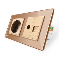 Priza dubla Livolo cu rama din sticla 1 priza Schuko+TV/internet, auriu