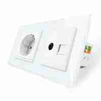 Priza dubla Livolo cu rama din sticla 1 priza Schuko+TV/internet, alb