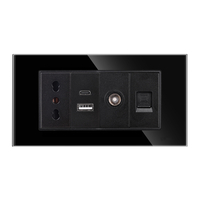 Priza Ingusta + Dubla USB + TV + Internet cu Rama Din Sticla LUXION, Standard Italian, 4M, negru