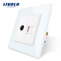 Priza dubla TV + priza internet Livolo cu rama din sticla, alb