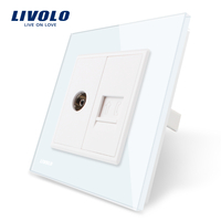Priza dubla TV + Telefon Livolo cu rama din sticla, alb