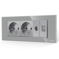 Priza Dubla Schuko + TV + Internet cu Rama din Sticla LUXION, Standard Italian, 6M, gri