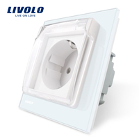 Priza simpla Livolo cu rama din sticla si capac de protectie rezistent la apa, alb