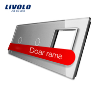 Panou 2 intrerupatoare simple cu touch si priza Livolo din sticla, gri