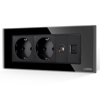 Priza Dubla Schuko + TV + Internet cu Rama din Sticla LUXION, Standard Italian, 6M, negru