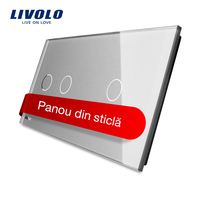 Panou intrerupator dublu + simplu cu touch Livolo din sticla, gri